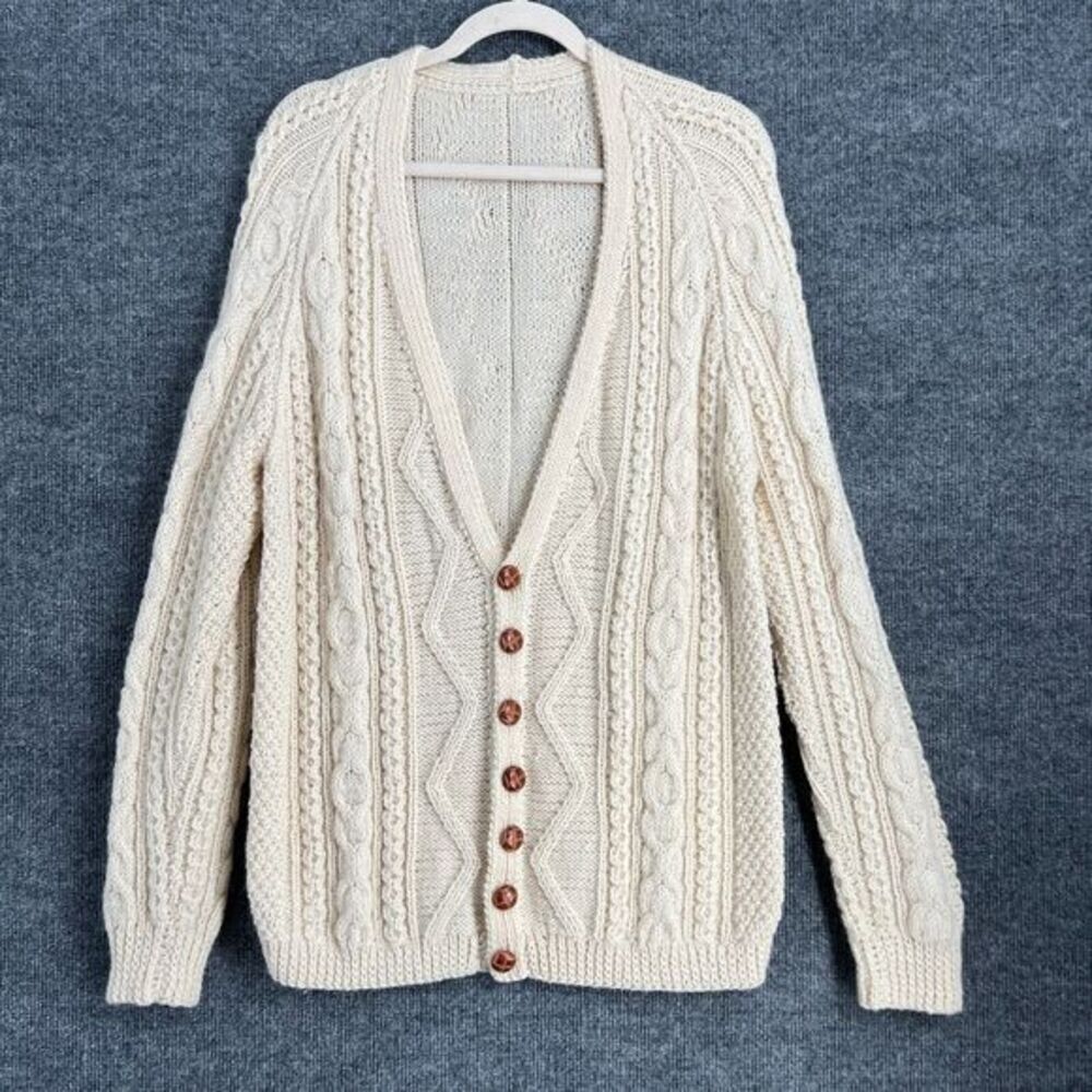 Vintage Handmade Cable Knit Fisherman Sweater Cardigan Mens M Off White Grandpa